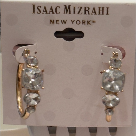 ISAAC MIZRAHI Gold Tone Crystal Hoop Earrings - Picture 3 of 8